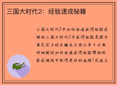 三国大时代2：经验速成秘籍